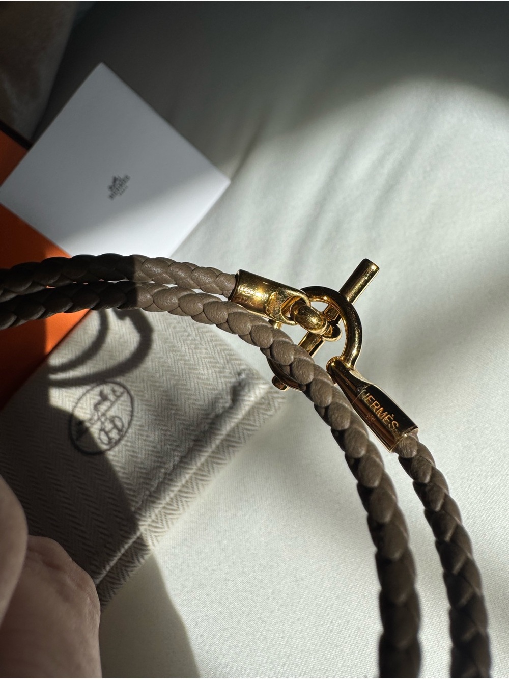 Hermes Double Wrap Leather Bracelet in Taupe with Gold Hardware - Picture 4 of 6